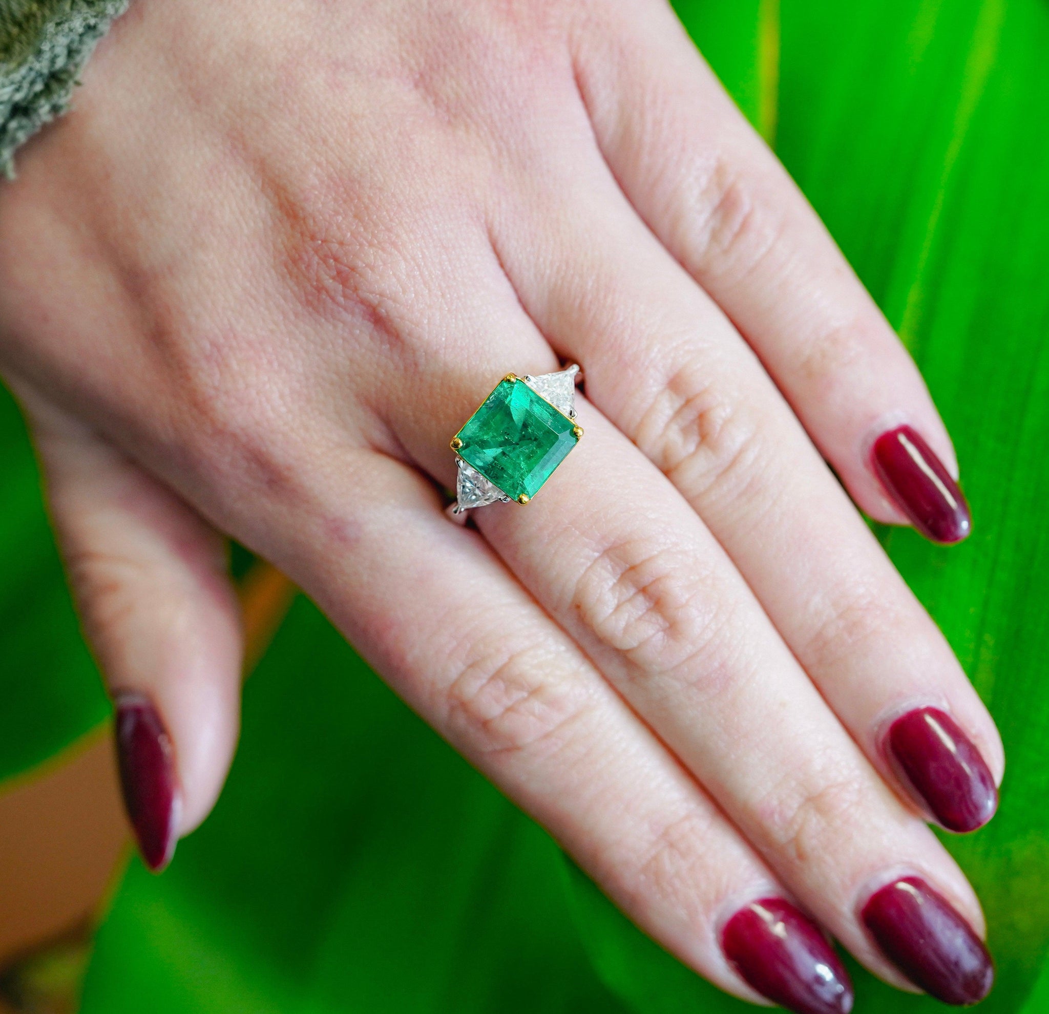 4.46 Total Carat Emerald and Diamond Three Stone Pave Set Engagement Ring,  GIA SEA Wave Diamonds